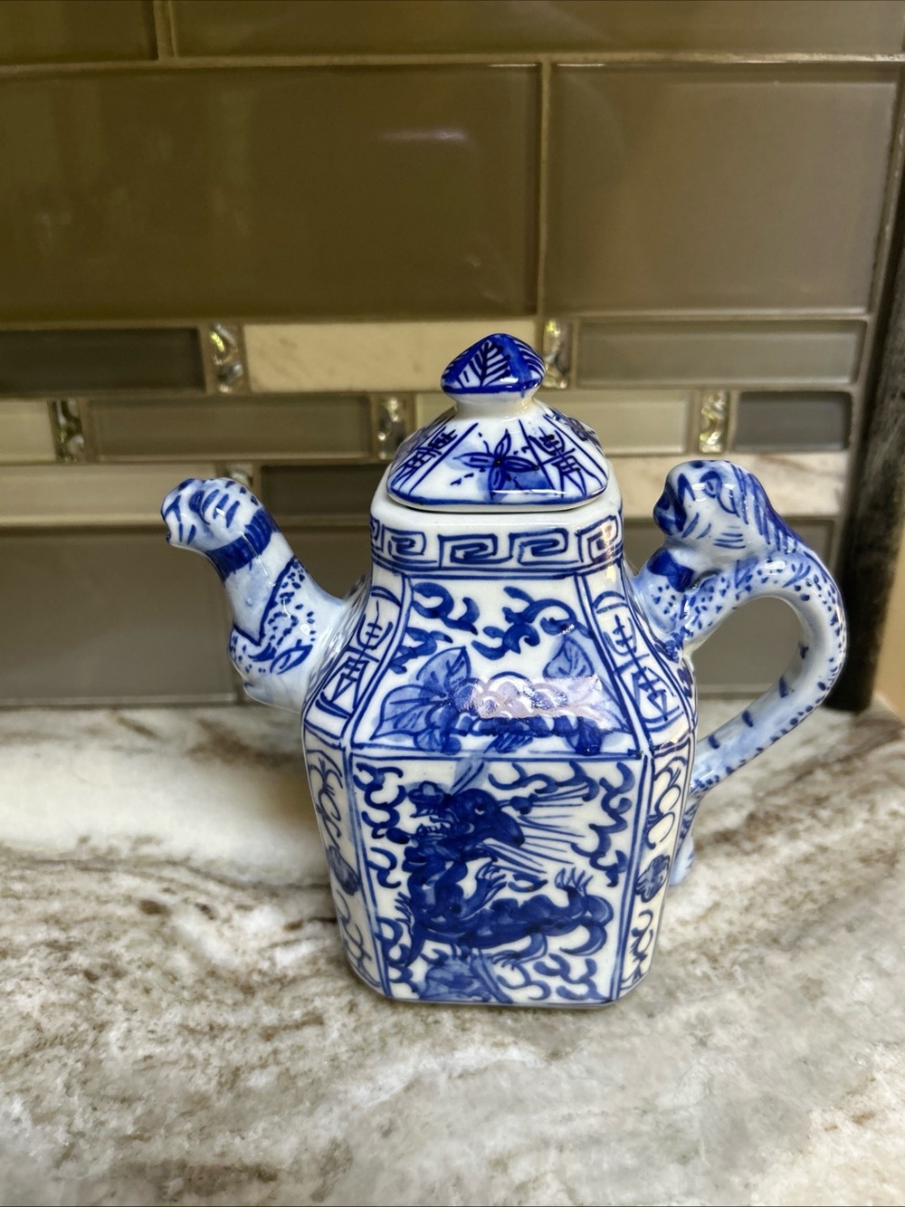 VTG Oriental Dragon Teapot & Top Hand Painted White & Blue Porcelain China Retro